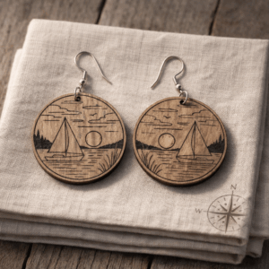Kolczyki w kształcie koła z pejzażem jeziora i żaglówką